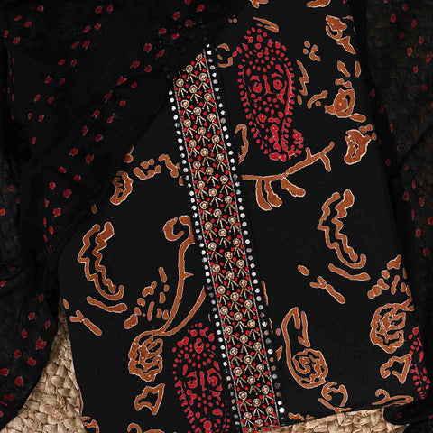 Midnight Black Bagh Print Unstitched Cotton Salwar Jaipuri Suit With Chiffon Dupatta