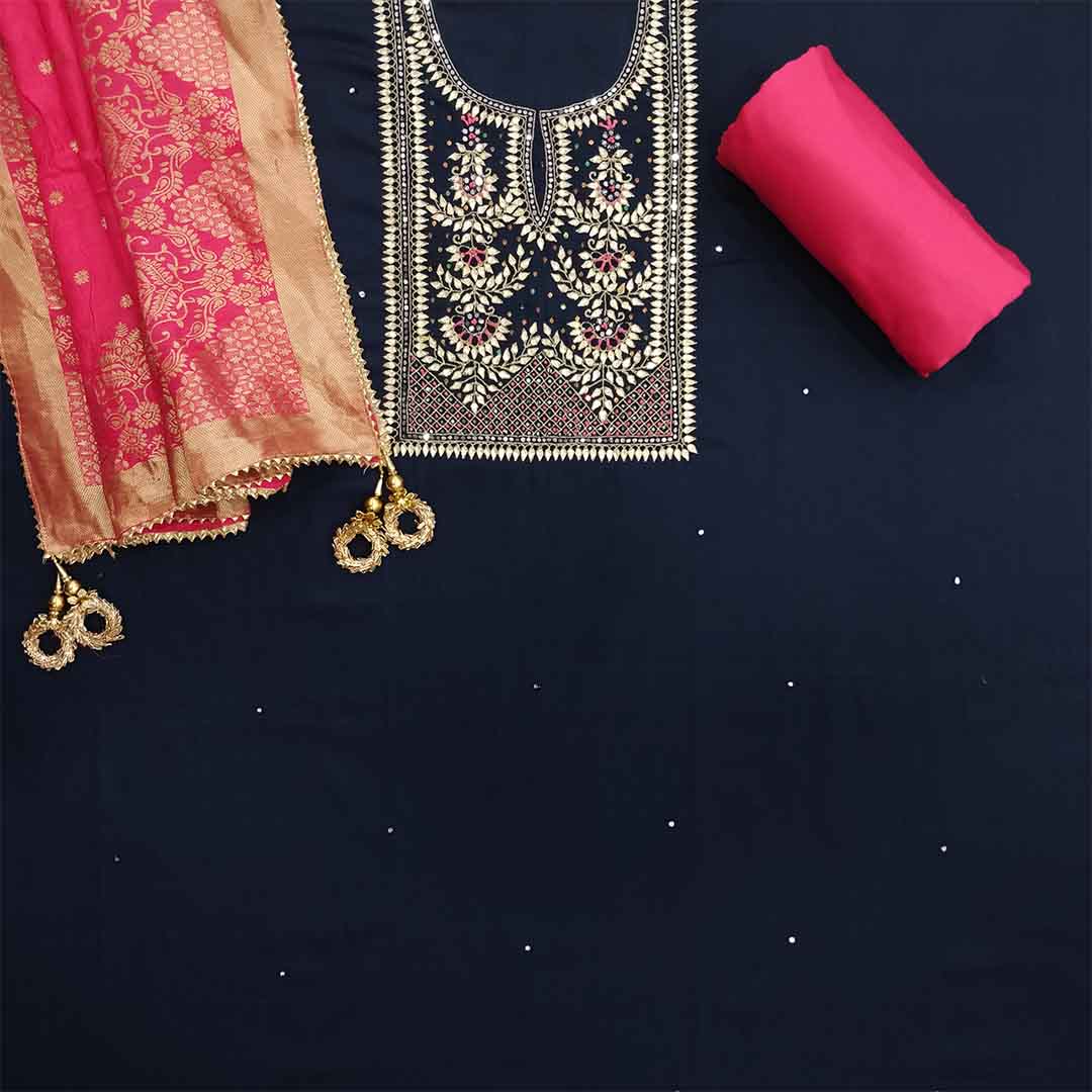 Midnight Blue Unstitched Cotton Jaipuri Salwar Suit With Banarasi Silk Dupatta
