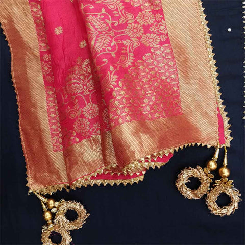 Midnight Blue Unstitched Cotton Jaipuri Salwar Suit With Banarasi Silk Dupatta
