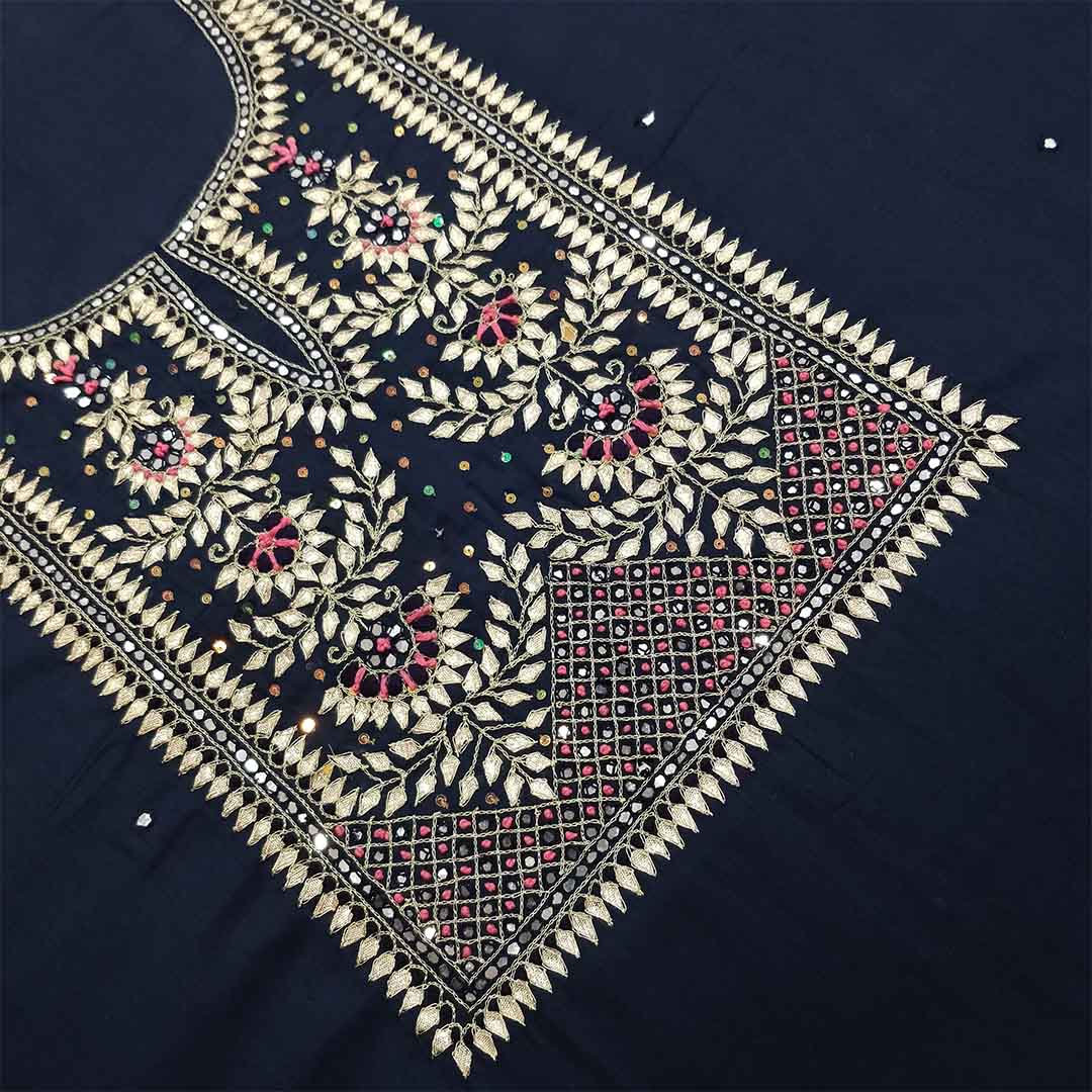 Midnight Blue Unstitched Cotton Jaipuri Salwar Suit With Banarasi Silk Dupatta