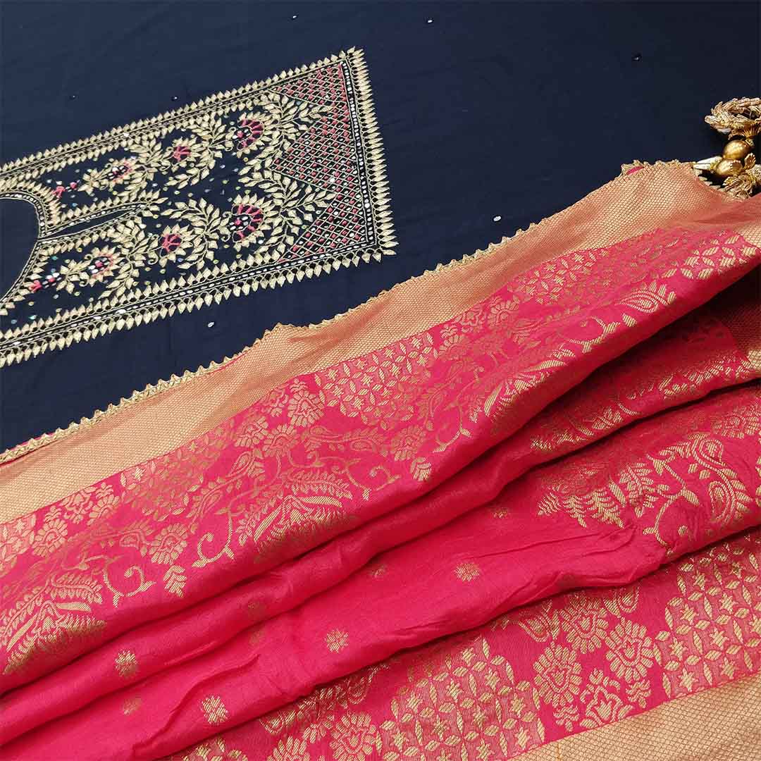 Midnight Blue Unstitched Cotton Jaipuri Salwar Suit With Banarasi Silk Dupatta