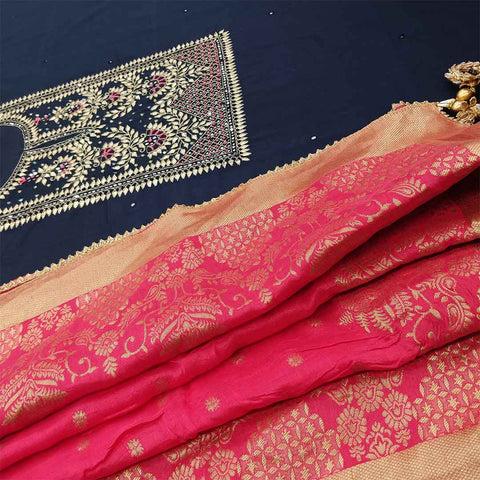 Midnight Blue Unstitched Cotton Jaipuri Salwar Suit With Banarasi Silk Dupatta