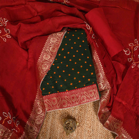 Mongia Bandhej Unstitched Cotton Jaipuri Suit Set With Dola Silk Dupatta