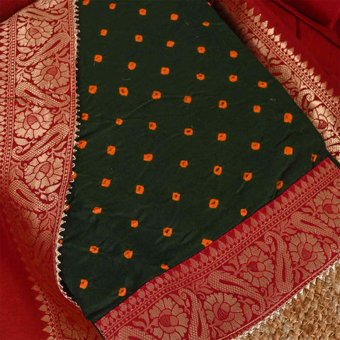 Mongia Bandhej Unstitched Cotton Jaipuri Suit Set With Dola Silk Dupatta