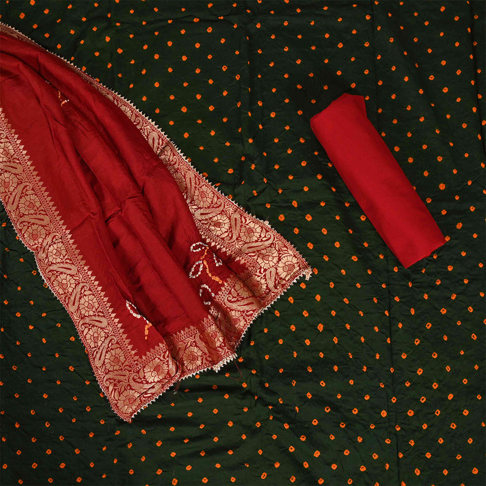 Mongia Bandhej Unstitched Cotton Jaipuri Suit Set With Dola Silk Dupatta