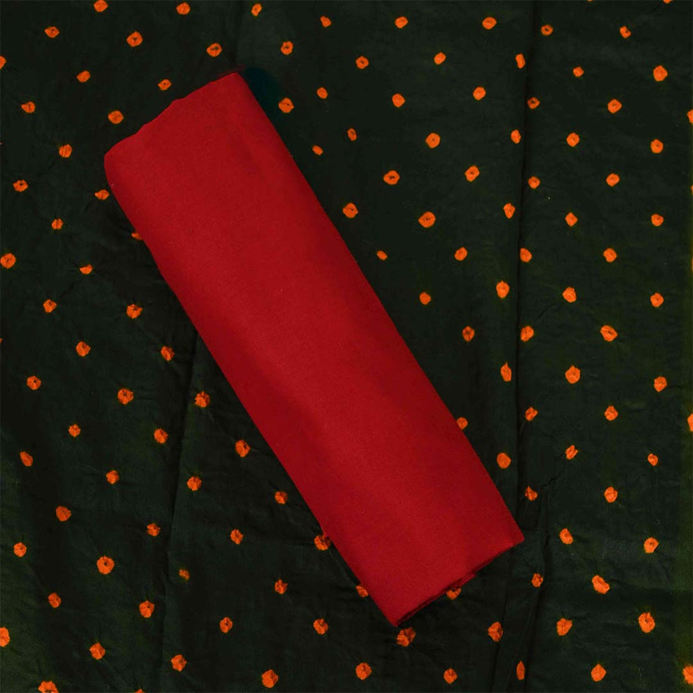 Mongia Bandhej Unstitched Cotton Jaipuri Suit Set With Dola Silk Dupatta