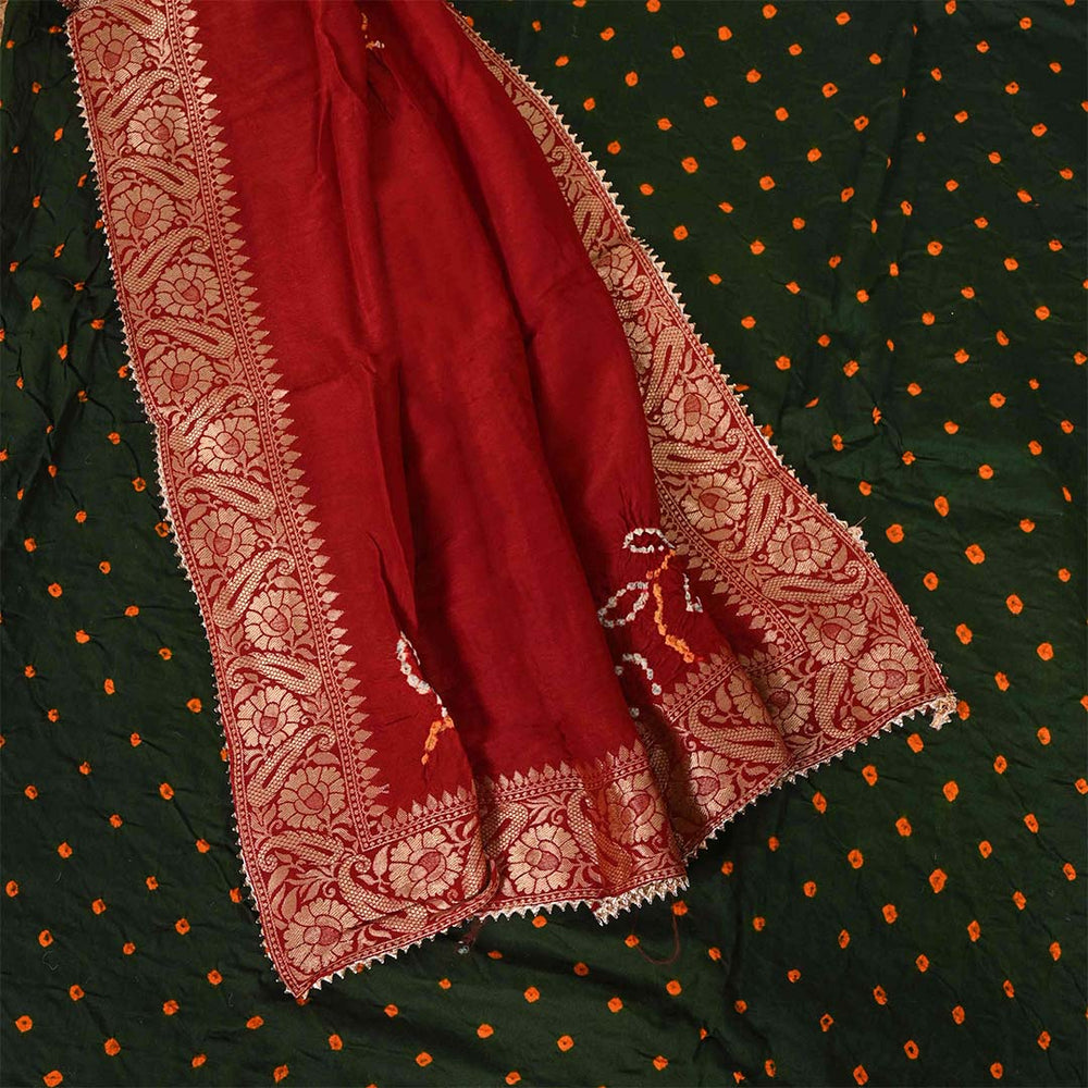 Mongia Bandhej Unstitched Cotton Jaipuri Suit Set With Dola Silk Dupatta