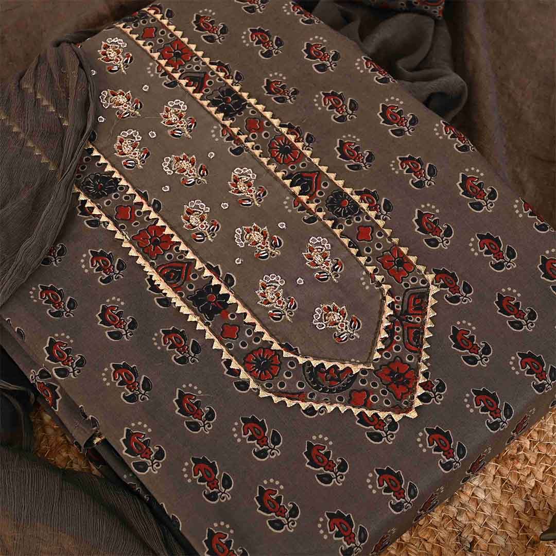 Mud Ajrakh Unstitched Cotton Jaipuri Salwar Suit With Chiffon Dupatta