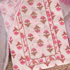 Mughal Daisy White Pink Unstitched Cotton Jaipuri Suit Set With Chiffon Dupatta