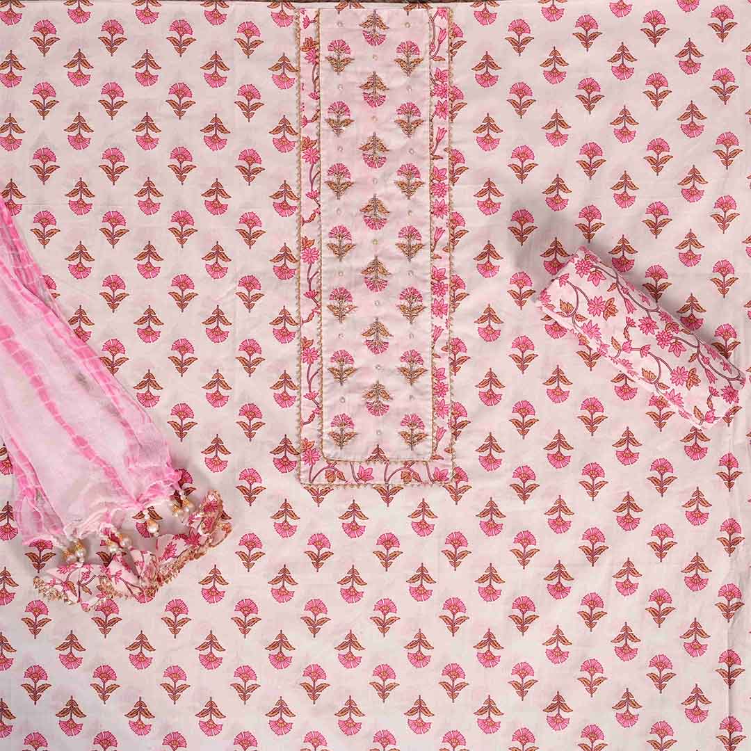 Mughal Daisy White Pink Unstitched Cotton Jaipuri Suit Set With Chiffon Dupatta
