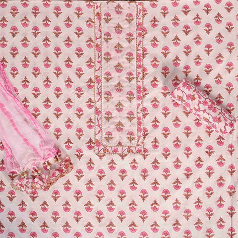 Mughal Daisy White Pink Unstitched Cotton Jaipuri Suit Set With Chiffon Dupatta