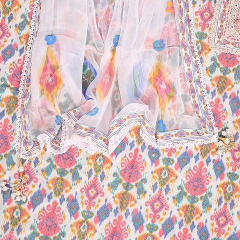 Multi Ikat Unstitched Cotton Jaipuri Salwar Suit With Chiffon Dupatta