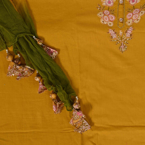 Mustard Patchwork Unstitched Cotton Suit Set With Chiffon Dupatta