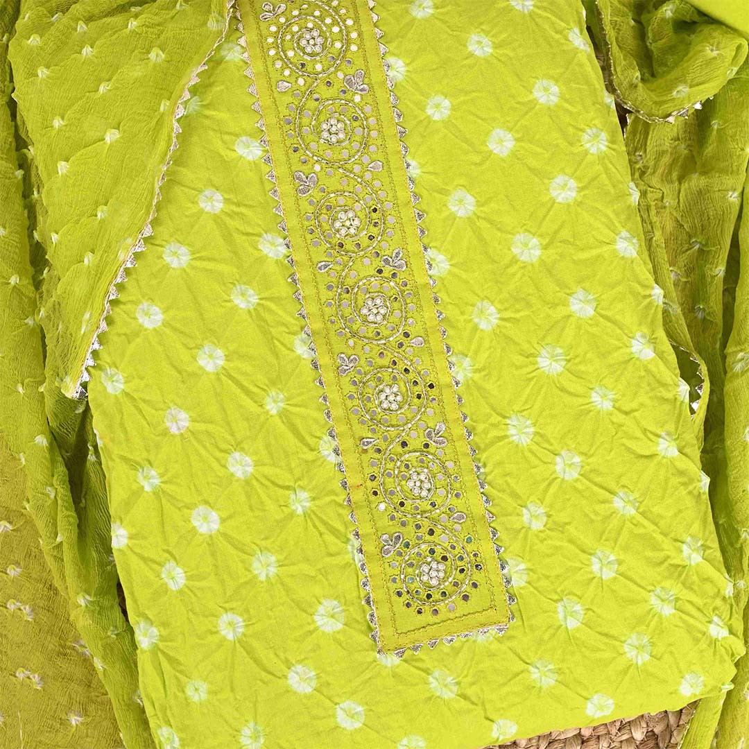 Neon Green Bandhani Unstitched Cotton Salwar Jaipuri Suit With Chiffon Dupatta