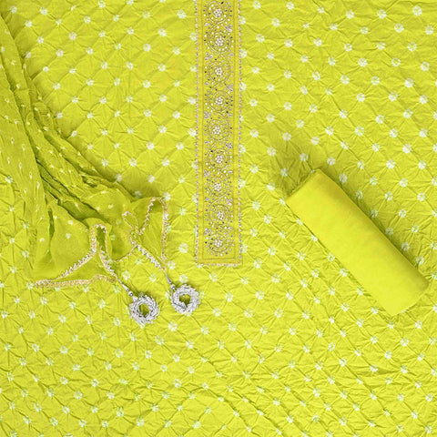 Neon Green Bandhani Unstitched Cotton Salwar Jaipuri Suit With Chiffon Dupatta
