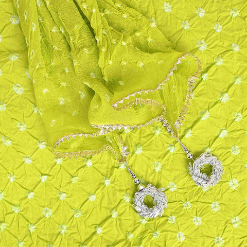 Neon Green Bandhani Unstitched Cotton Salwar Jaipuri Suit With Chiffon Dupatta
