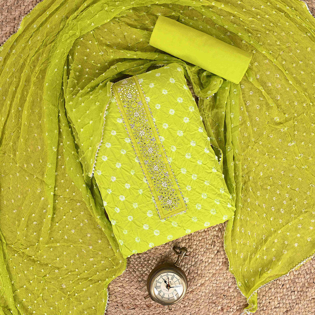Neon Green Bandhani Unstitched Cotton Salwar Jaipuri Suit With Chiffon Dupatta