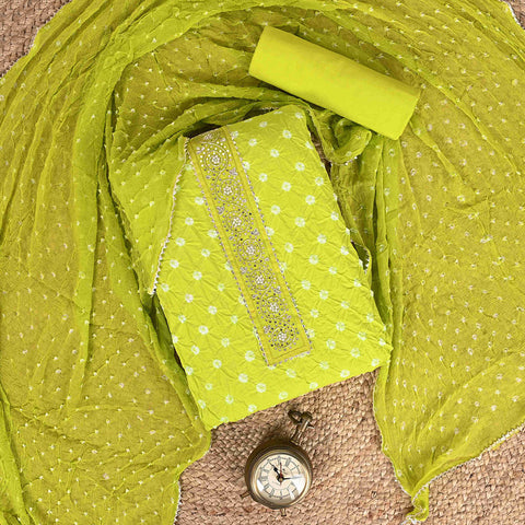 Neon Green Bandhani Unstitched Cotton Salwar Jaipuri Suit With Chiffon Dupatta