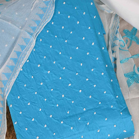 Ocean Blue Unstitched Cotton Jaipuri Suit Set With Chiffon Dupatta
