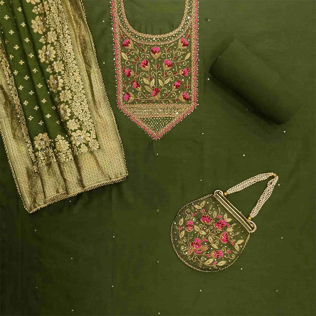 Olive Green Unstitched Chanderi Rajasthani Salwar Suit With Dola Silk Dupatta