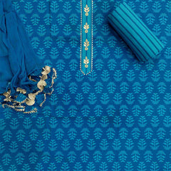 Olympic Blue Unstitched Cotton Rajasthani Suit Set With Chiffon Dupatta