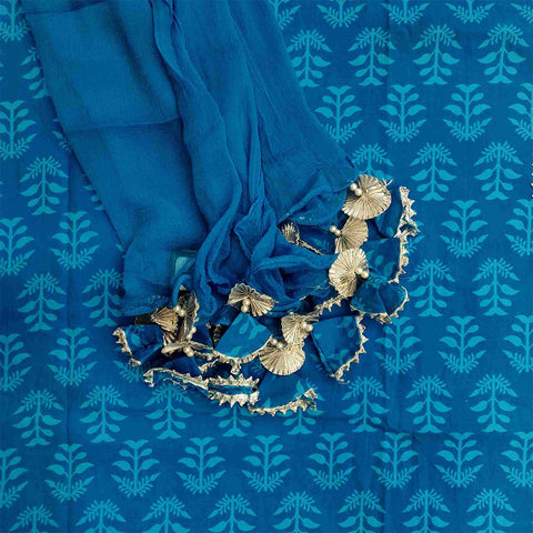 Olympic Blue Unstitched Cotton Rajasthani Suit Set With Chiffon Dupatta
