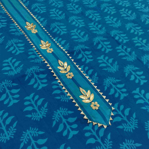 Olympic Blue Unstitched Cotton Rajasthani Suit Set With Chiffon Dupatta