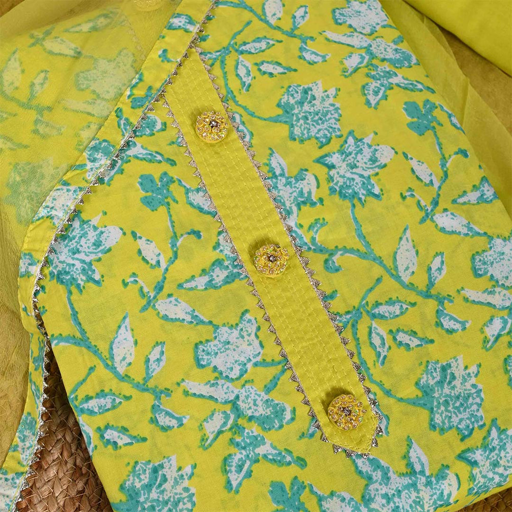 Pantone Green Unstitched Cotton Rajasthani Salwar Suit With Chiffon Dupatta