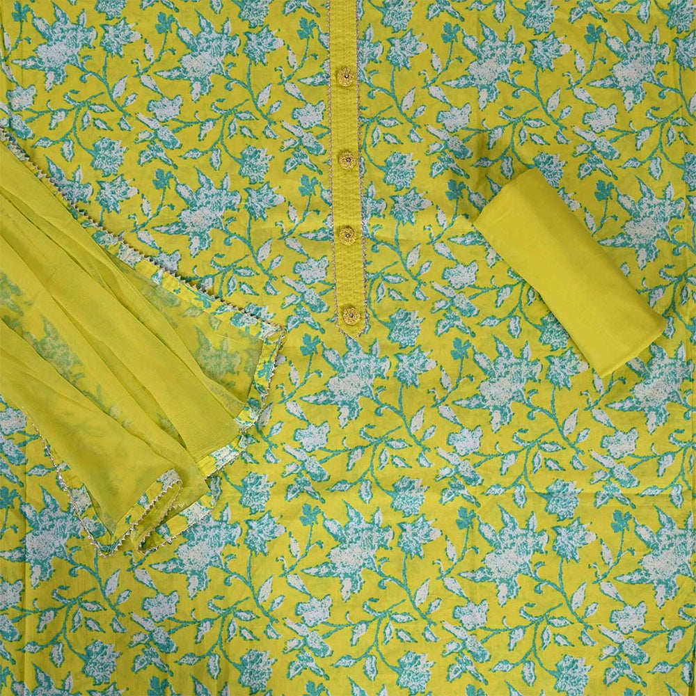 Pantone Green Unstitched Cotton Rajasthani Salwar Suit With Chiffon Dupatta