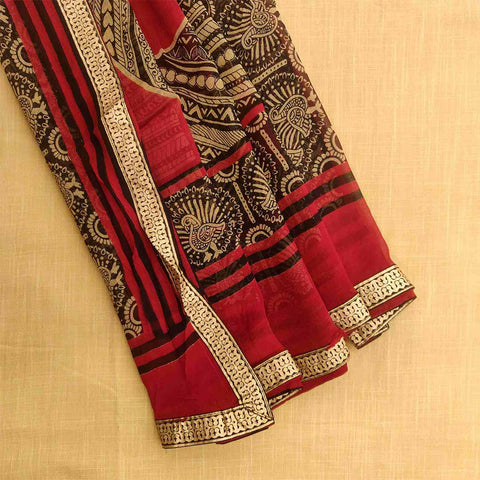 Patch Work Biscotti Beige Cotton Unstitched Jaipuri Suit Set With Chiffon Dupatta