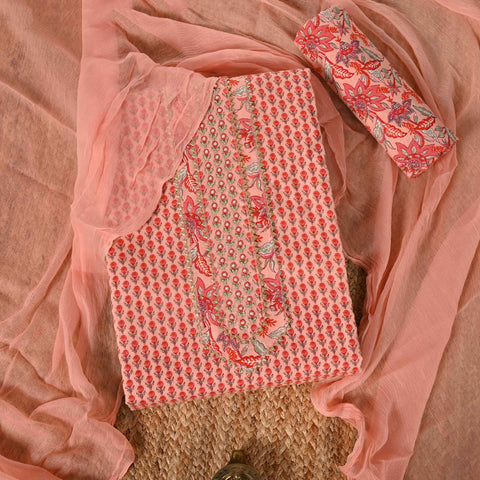 Peach Unstitched Cotton Suit Set With Chiffon Dupatta