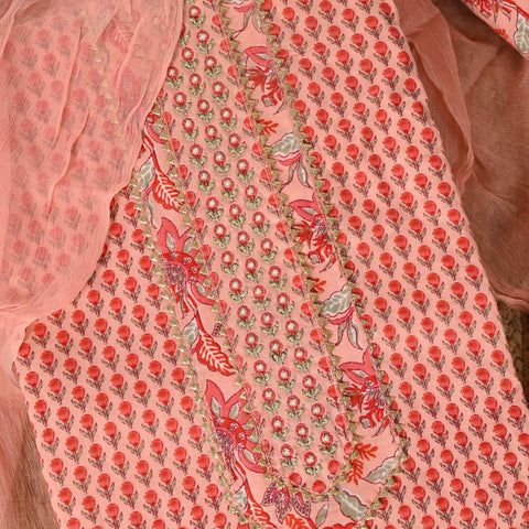 Peach Unstitched Cotton Suit Set With Chiffon Dupatta