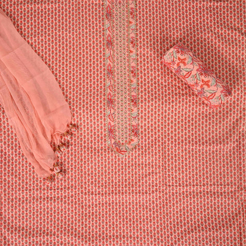 Peach Unstitched Cotton Suit Set With Chiffon Dupatta