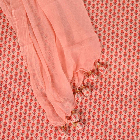 Peach Unstitched Cotton Suit Set With Chiffon Dupatta