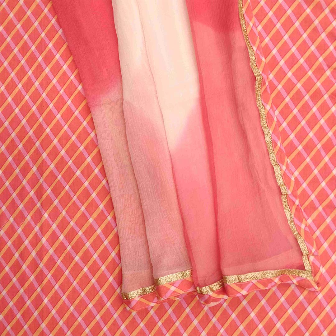 Peach Mothda Leheriya Unstitched Cotton Rajasthani Salwar Suit With Chiffon Dupatta
