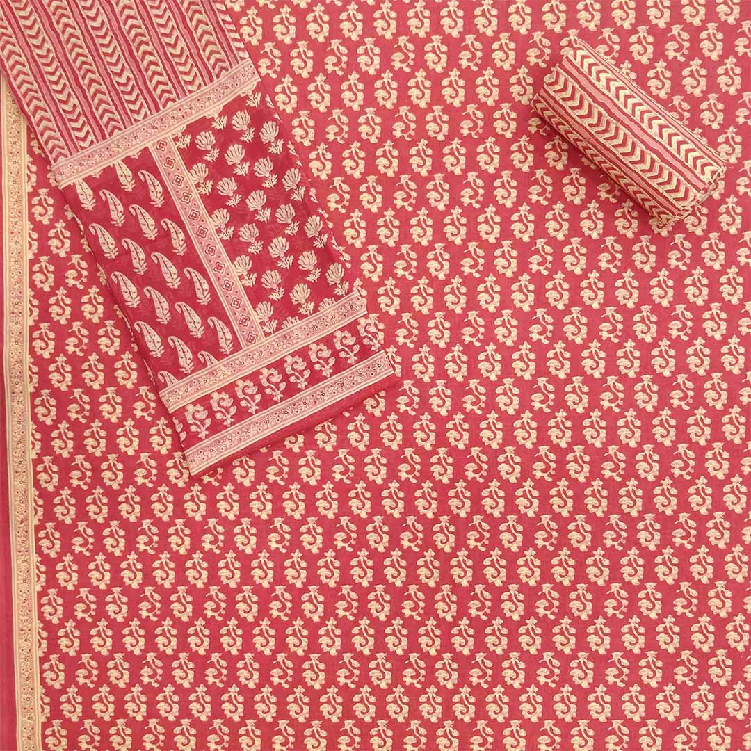 Pink Batik Unstitched Cotton Jaipuri Suit Set With Malmal Dupatta