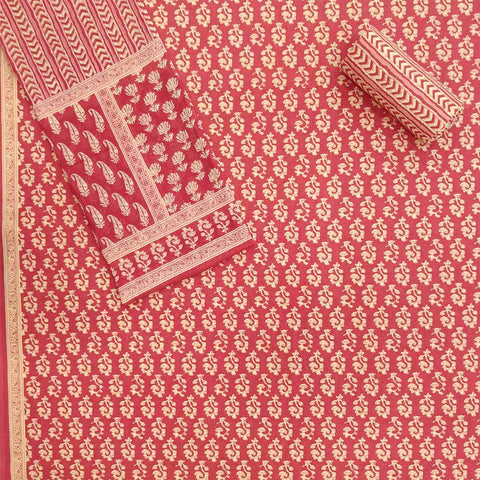 Pink Batik Unstitched Cotton Jaipuri Suit Set With Malmal Dupatta