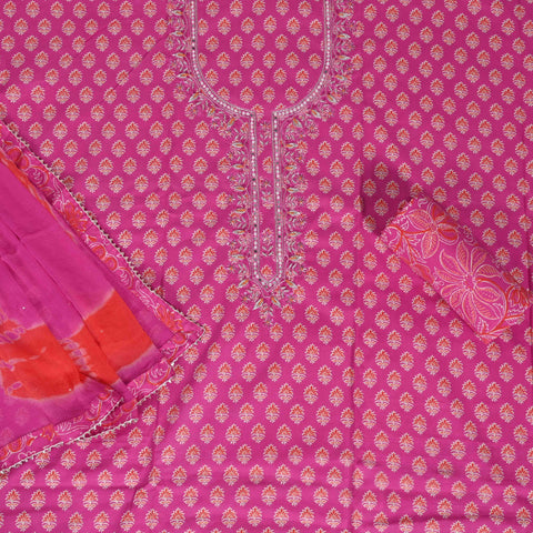 Pink Unstitched Cotton Suit Set With Chiffon Dupatta