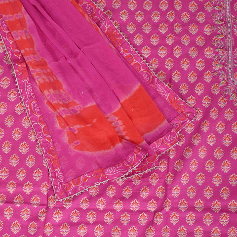 Pink Unstitched Cotton Suit Set With Chiffon Dupatta