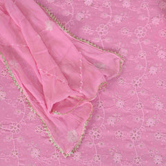 Pink Embroidery Unstitched Cotton Salwar Suit With Chiffon Dupatta