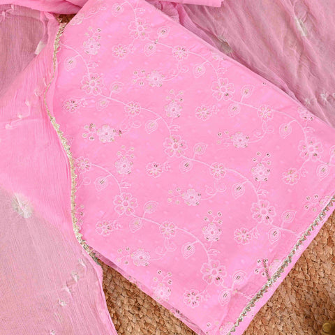 Pink Embroidery Unstitched Cotton Salwar Suit With Chiffon Dupatta