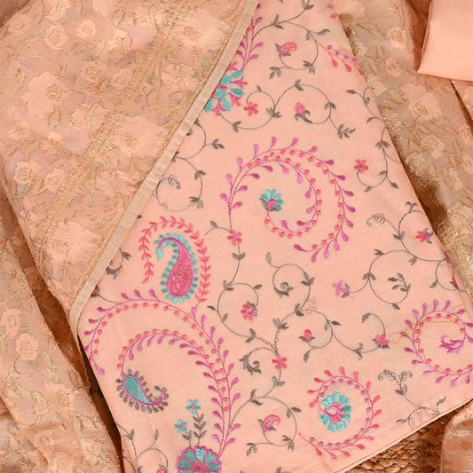 Pink Embroidery Unstitched Chanderi Rajasthani Salwar Suit With Silk Dupatta