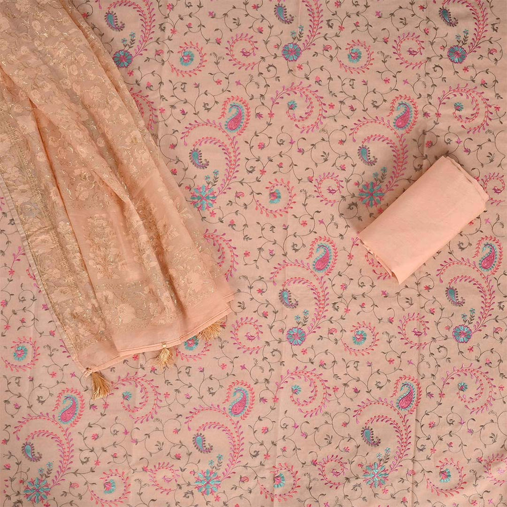 Pink Embroidery Unstitched Chanderi Rajasthani Salwar Suit With Silk Dupatta