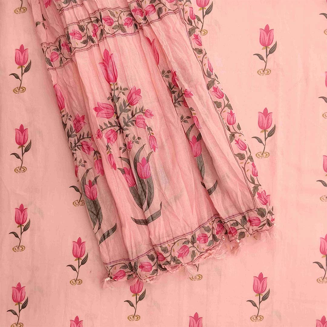 Pink Lotus Cotton Unstitched Jaipuri Suit Set With Malmal Dupatta
