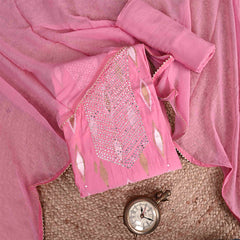 Pink Mirror Work Unstitched Muslin Jaipuri Salwar Suit With Chiffon Dupatta