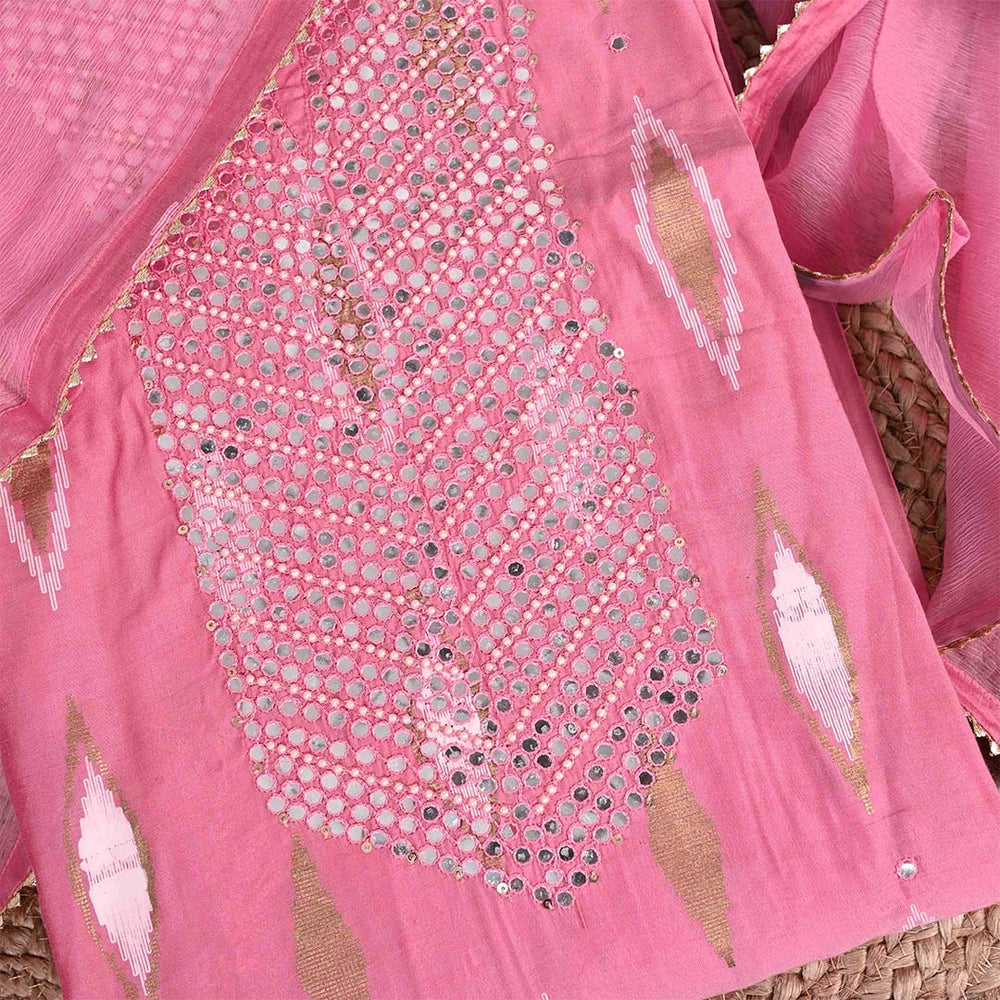 Pink Mirror Work Unstitched Muslin Jaipuri Salwar Suit With Chiffon Dupatta