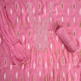 Pink Mirror Work Unstitched Muslin Jaipuri Salwar Suit With Chiffon Dupatta