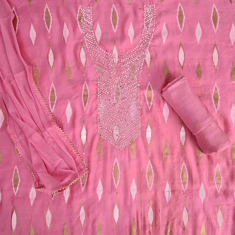 Pink Mirror Work Unstitched Muslin Jaipuri Salwar Suit With Chiffon Dupatta