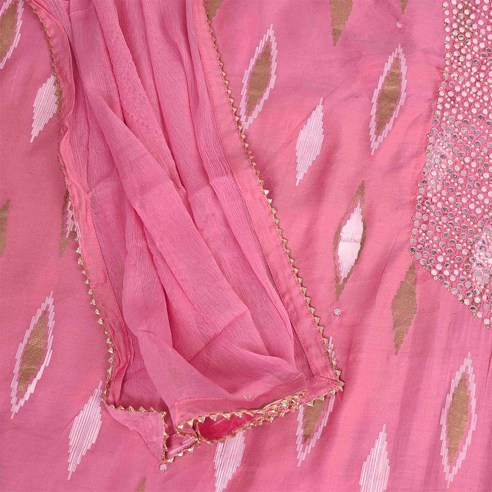 Pink Mirror Work Unstitched Muslin Jaipuri Salwar Suit With Chiffon Dupatta