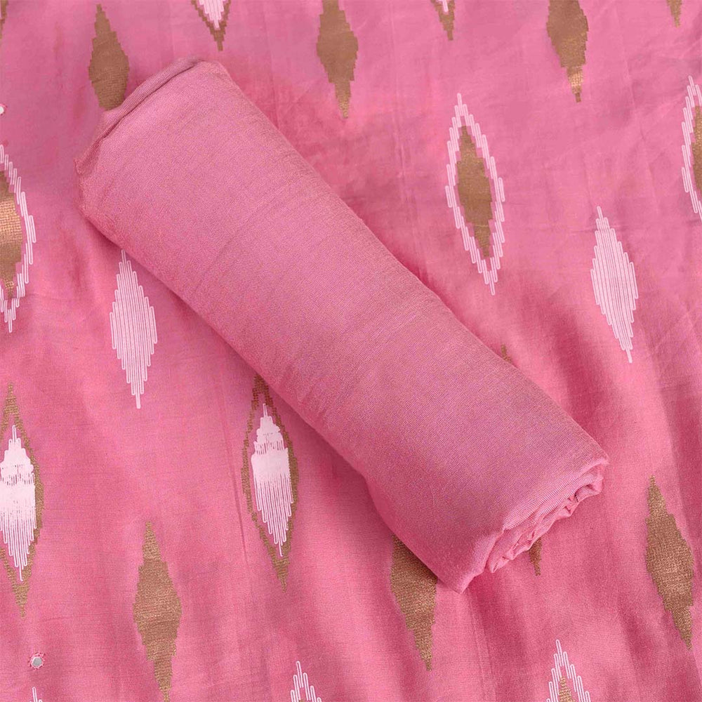 Pink Mirror Work Unstitched Muslin Jaipuri Salwar Suit With Chiffon Dupatta